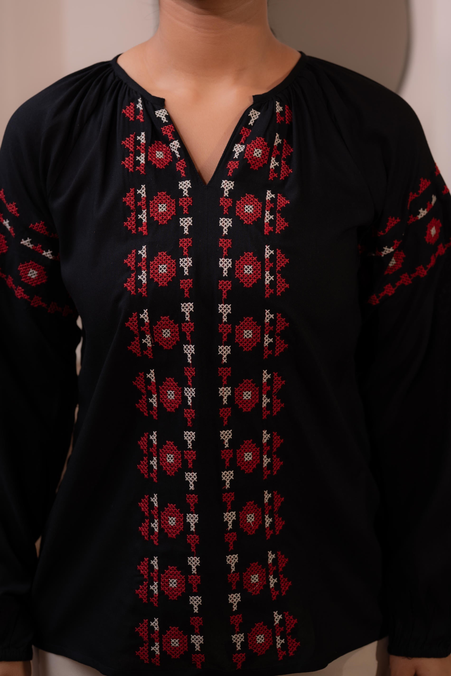 Juniper Lamora Black Boho Embroidered Tunic With Geometric Red Motifs | Grocsy