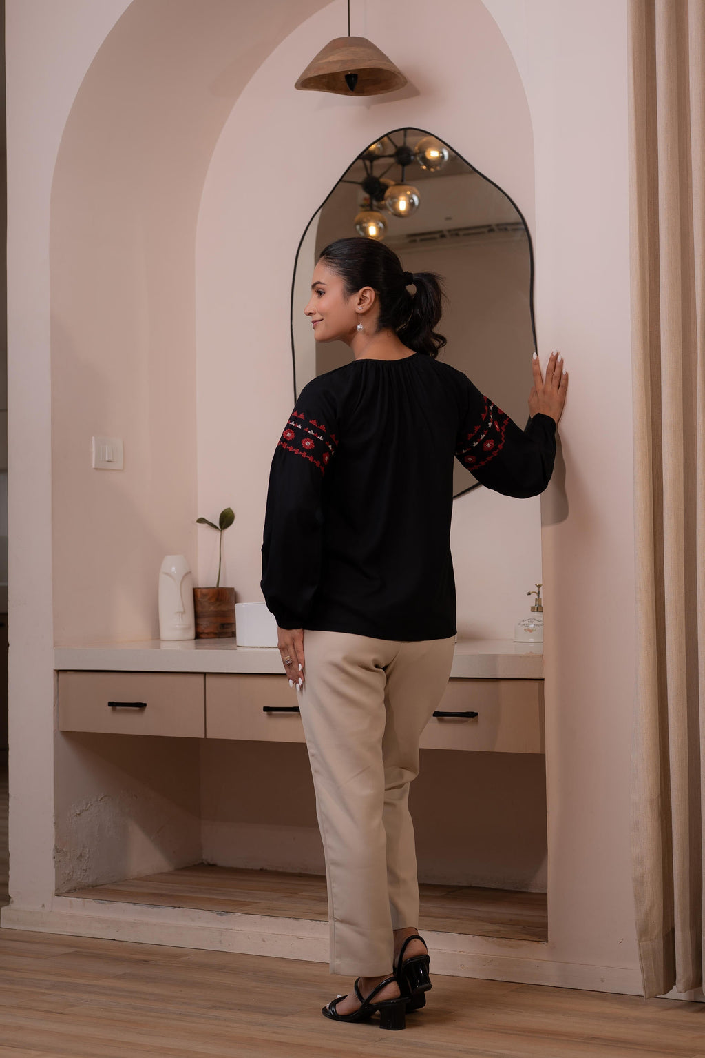 Juniper Lamora Black Boho Embroidered Tunic With Geometric Red Motifs | Grocsy