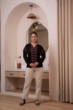 Juniper Lamora Black Boho Embroidered Tunic With Geometric Red Motifs | Grocsy