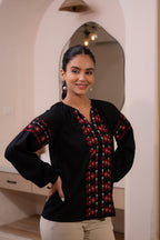 Juniper Lamora Black Boho Embroidered Tunic With Geometric Red Motifs | Grocsy