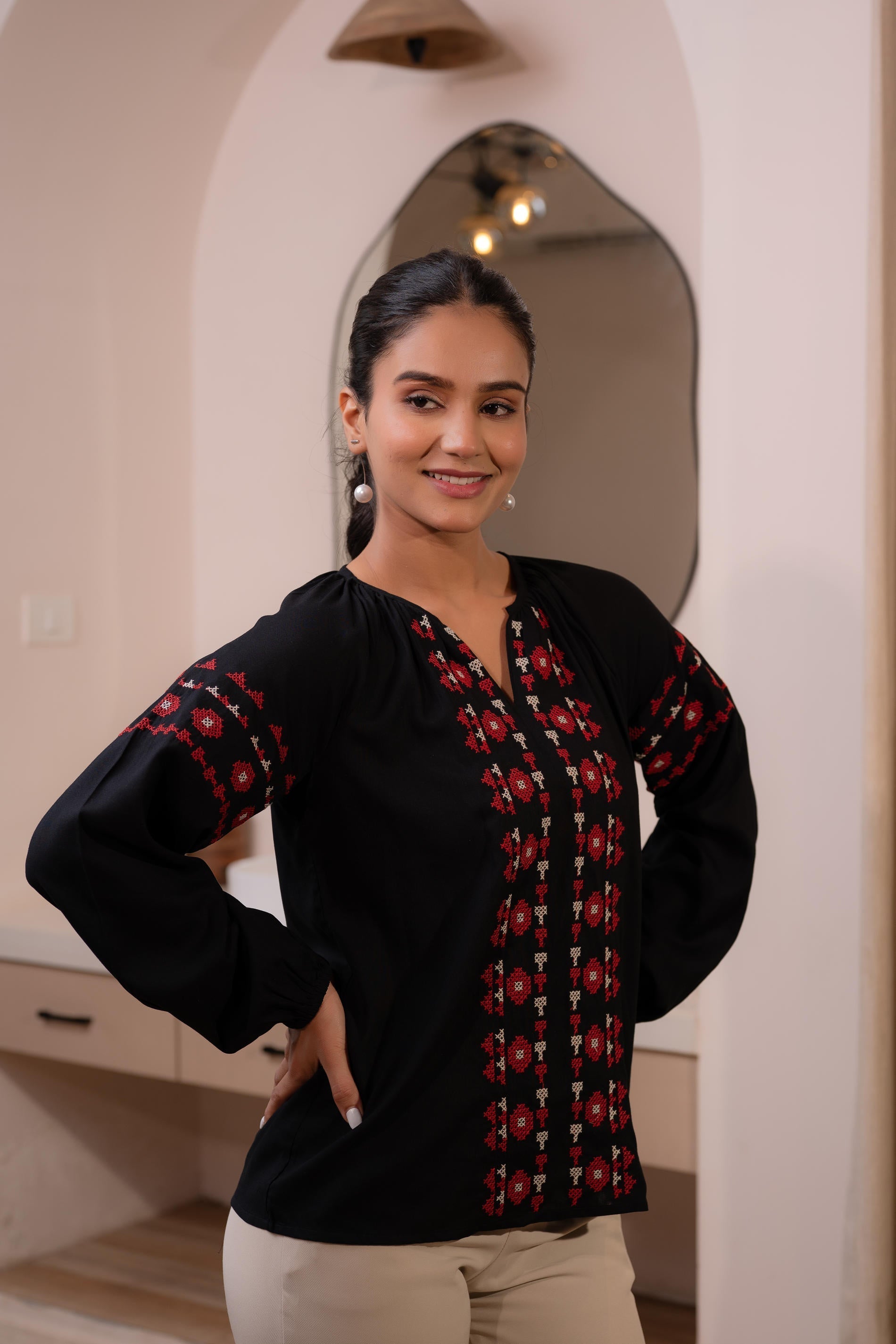 Juniper Lamora Black Boho Embroidered Tunic With Geometric Red Motifs | Grocsy