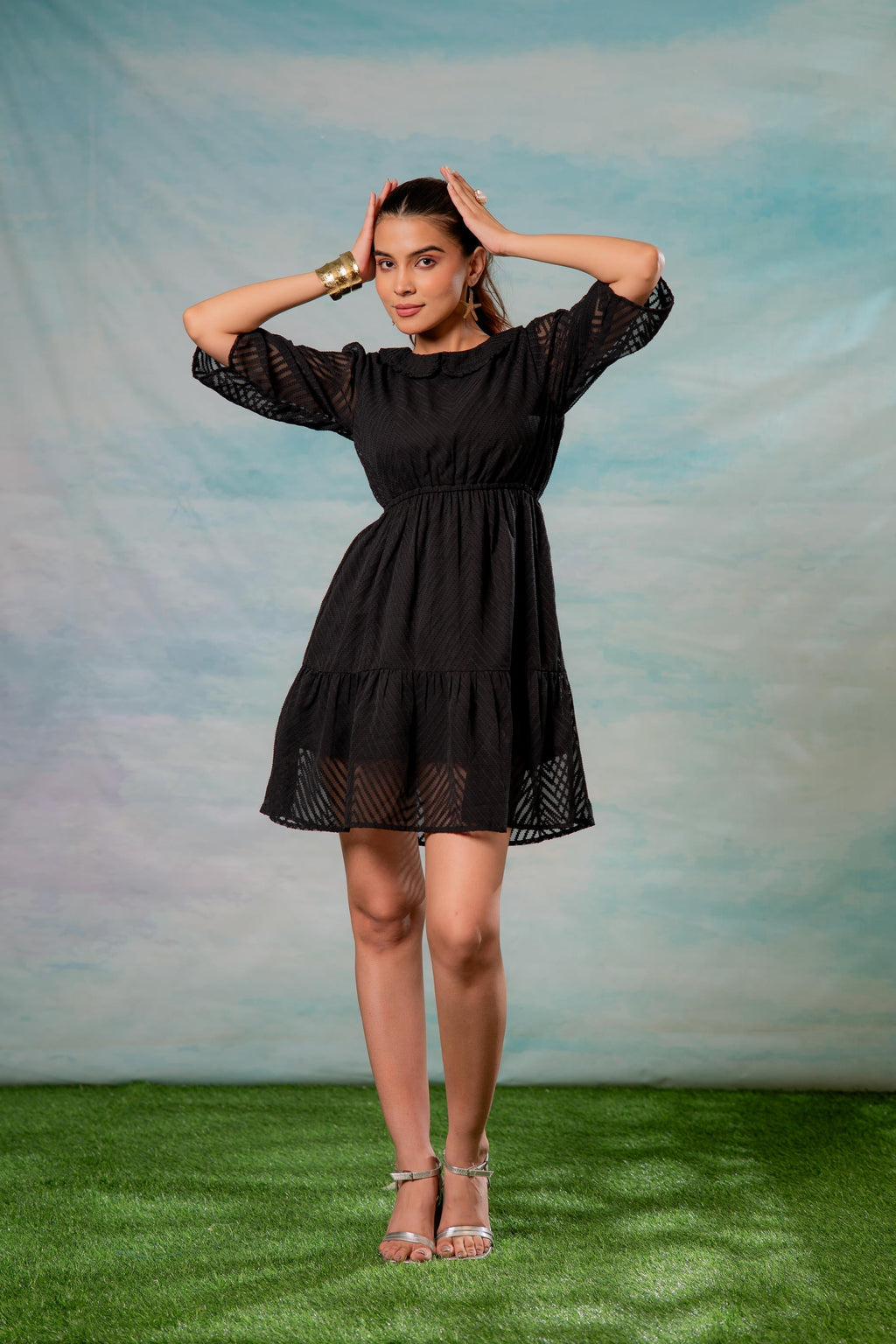 Juniper Lamora Black Chevron-Sheer Fit & Flare Mini Dress | Grocsy