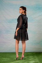 Juniper Lamora Black Chevron-Sheer Fit & Flare Mini Dress | Grocsy