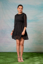Juniper Lamora Black Chevron-Sheer Fit & Flare Mini Dress | Grocsy