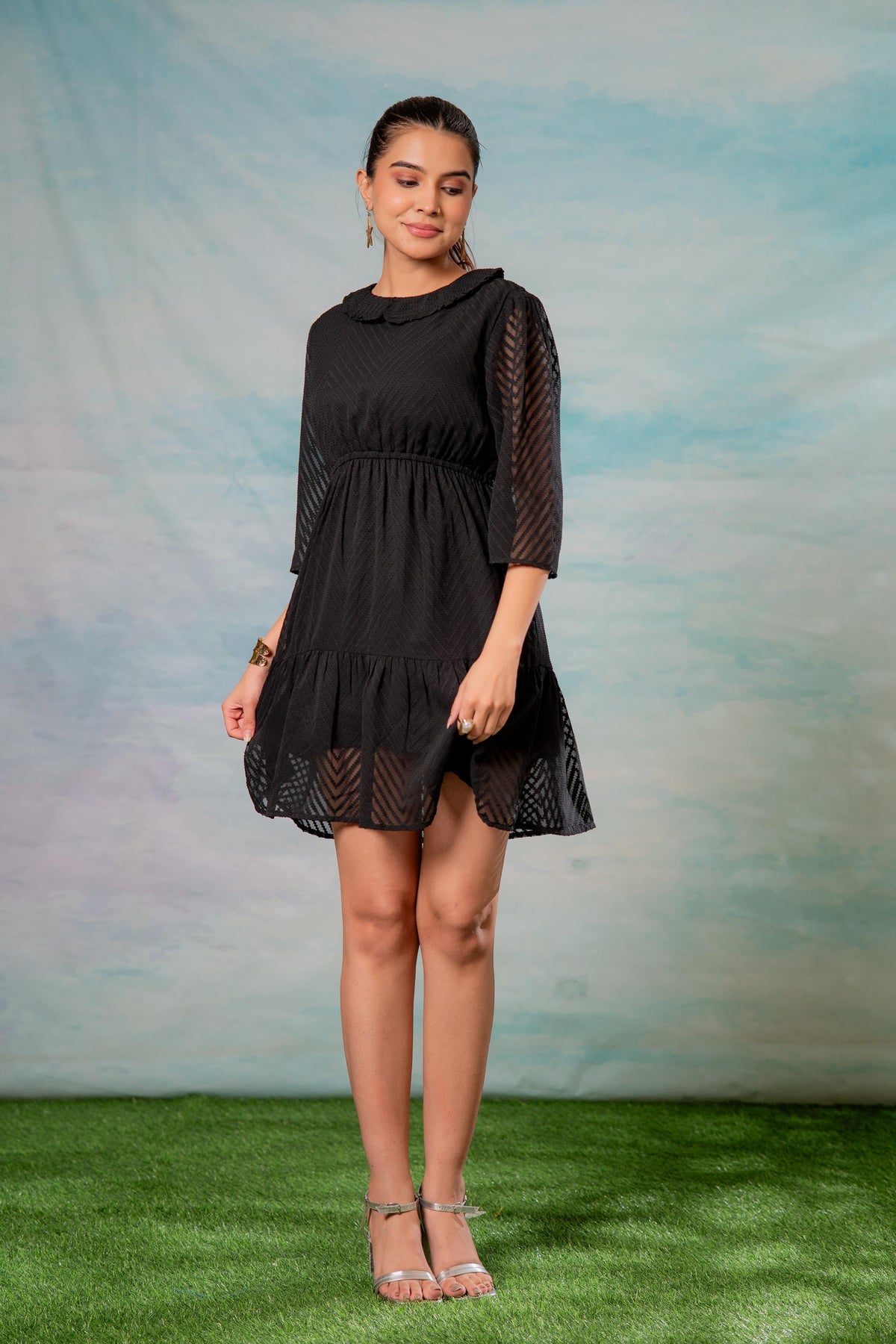 Juniper Lamora Black Chevron-Sheer Fit & Flare Mini Dress | Grocsy