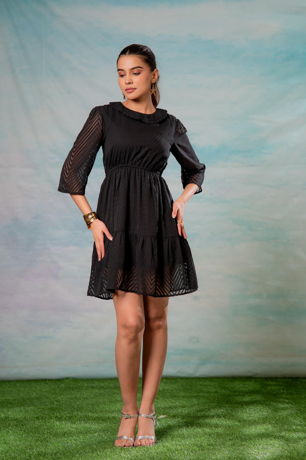 Juniper Lamora Black Chevron-Sheer Fit & Flare Mini Dress | Grocsy