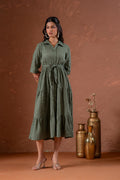 Juniper Sage Green Jacquard Tiered Shirt Dress With Waist Tie | Grocsy