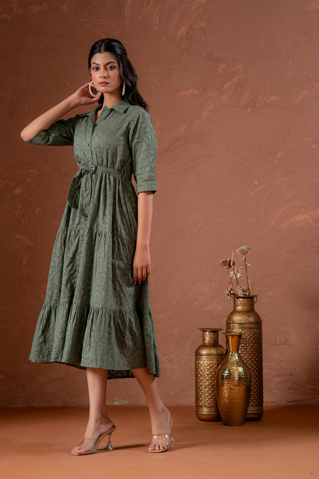 Juniper Sage Green Jacquard Tiered Shirt Dress With Waist Tie | Grocsy