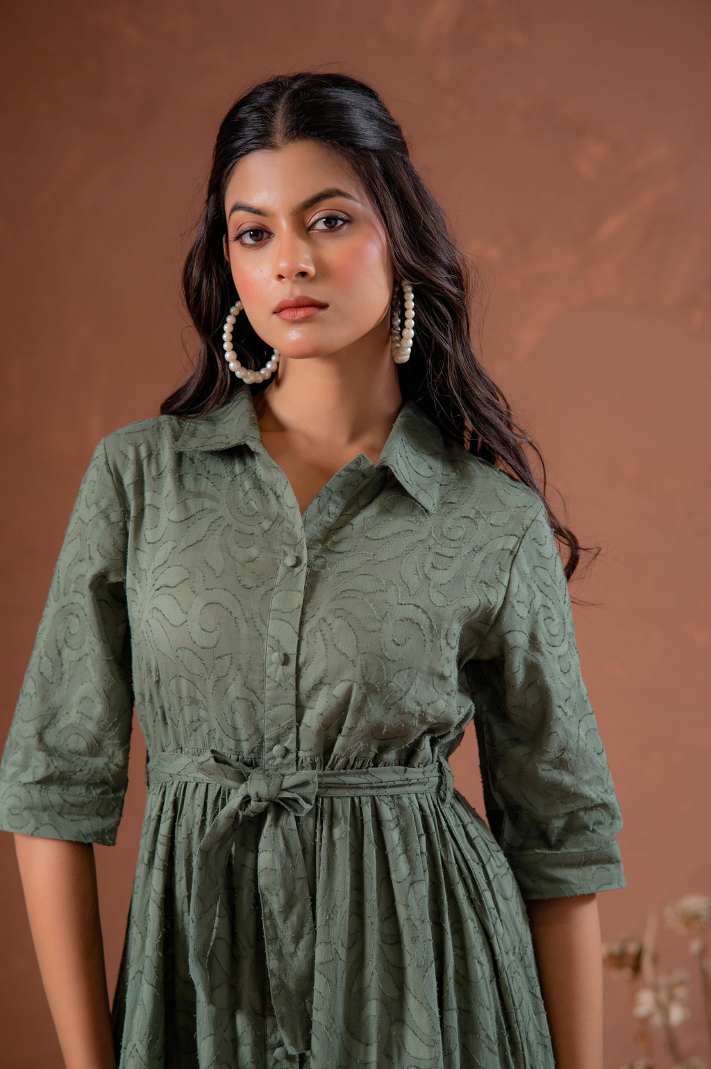 Juniper Sage Green Jacquard Tiered Shirt Dress With Waist Tie | Grocsy