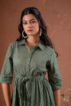 Juniper Sage Green Jacquard Tiered Shirt Dress With Waist Tie | Grocsy