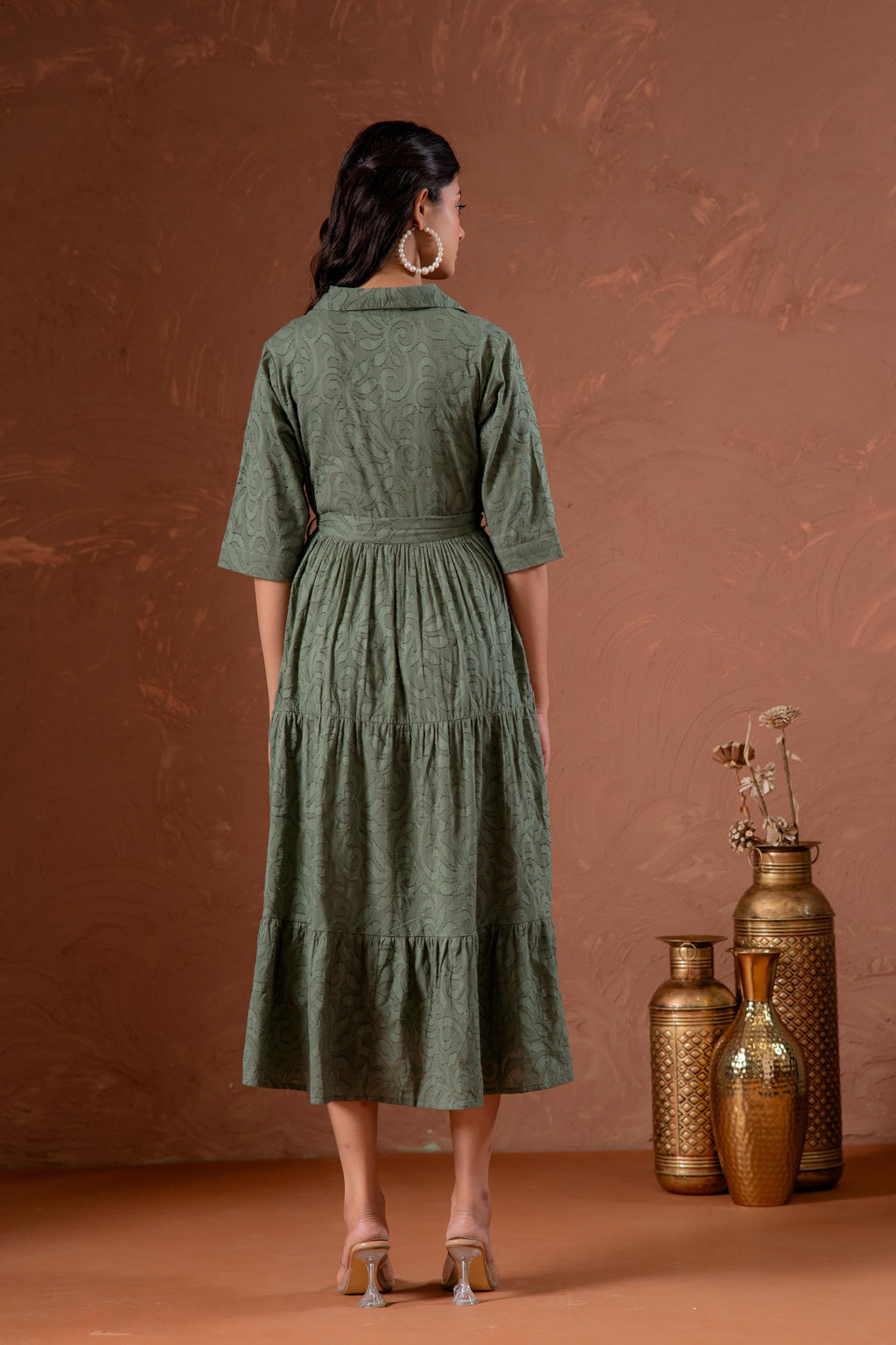 Juniper Sage Green Jacquard Tiered Shirt Dress With Waist Tie | Grocsy