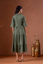 Juniper Sage Green Jacquard Tiered Shirt Dress With Waist Tie | Grocsy