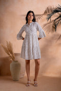 Juniper Lamora Off-White Floral Tiered Mini Dress With Flared Sleeves | Grocsy
