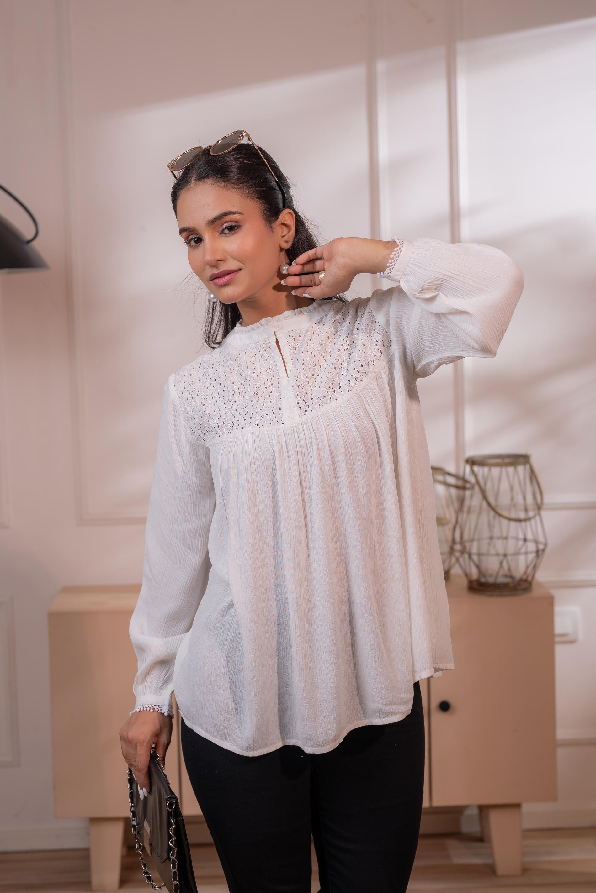 Juniper Lamora Off-White Eyelet Yoke Gathered Peasant Top | Grocsy