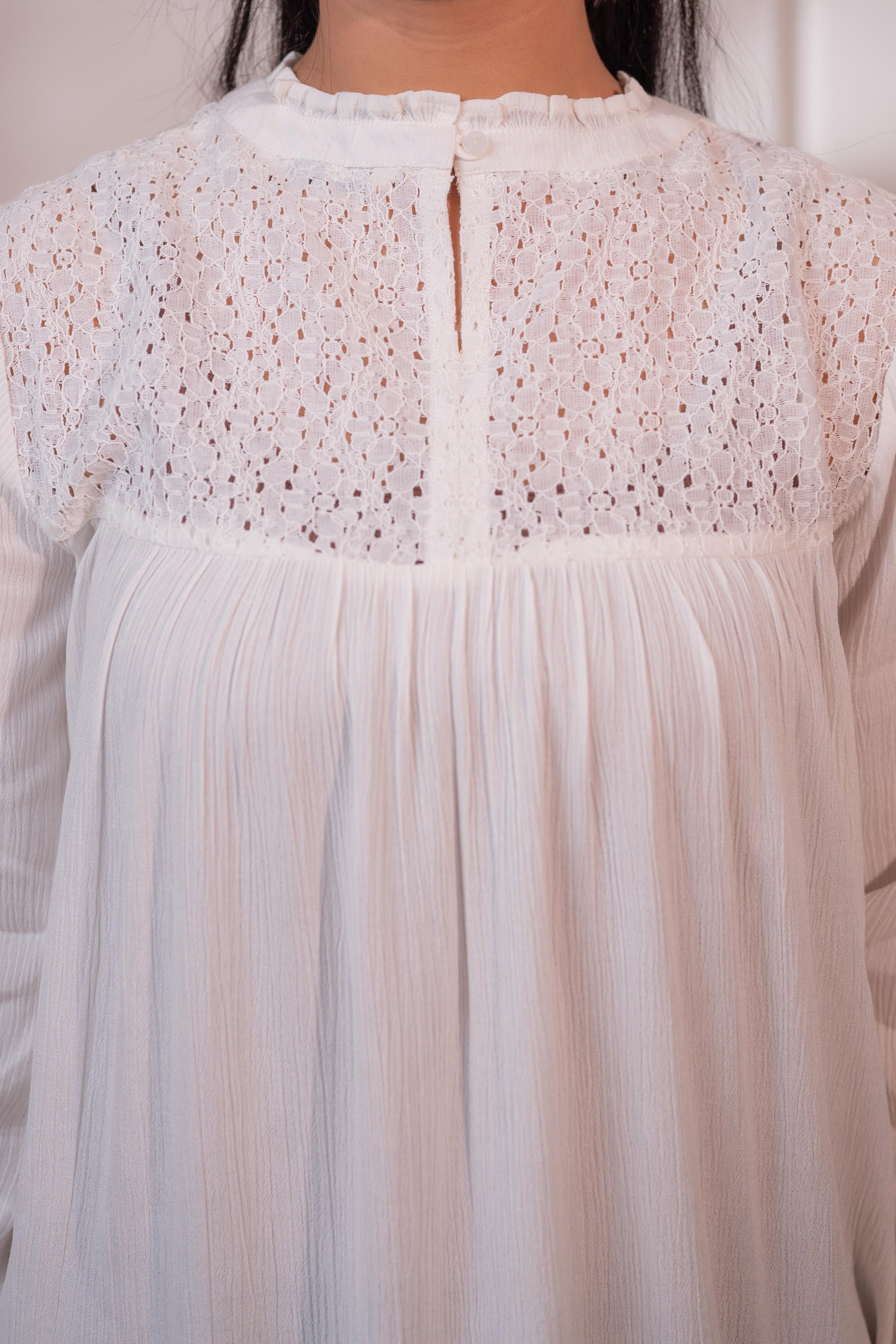 Juniper Lamora Off-White Eyelet Yoke Gathered Peasant Top | Grocsy
