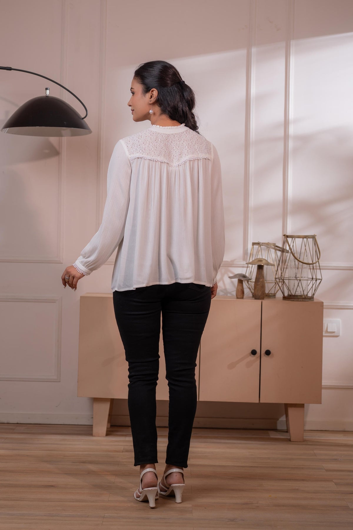 Juniper Lamora Off-White Eyelet Yoke Gathered Peasant Top | Grocsy