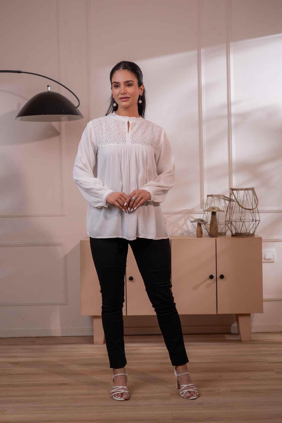 Juniper Lamora Off-White Eyelet Yoke Gathered Peasant Top | Grocsy