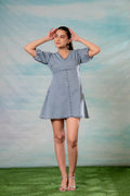 Juniper Lamora Light Blue Denim A-Line Mini Dress With Puff Sleeves | Grocsy