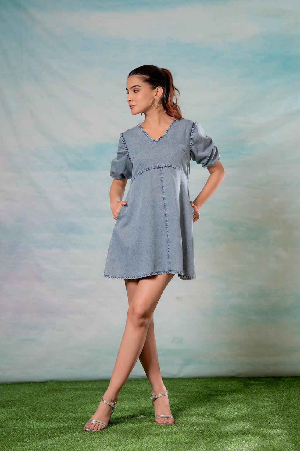 Juniper Lamora Light Blue Denim A-Line Mini Dress With Puff Sleeves | Grocsy