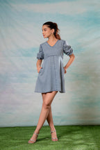 Juniper Lamora Light Blue Denim A-Line Mini Dress With Puff Sleeves | Grocsy