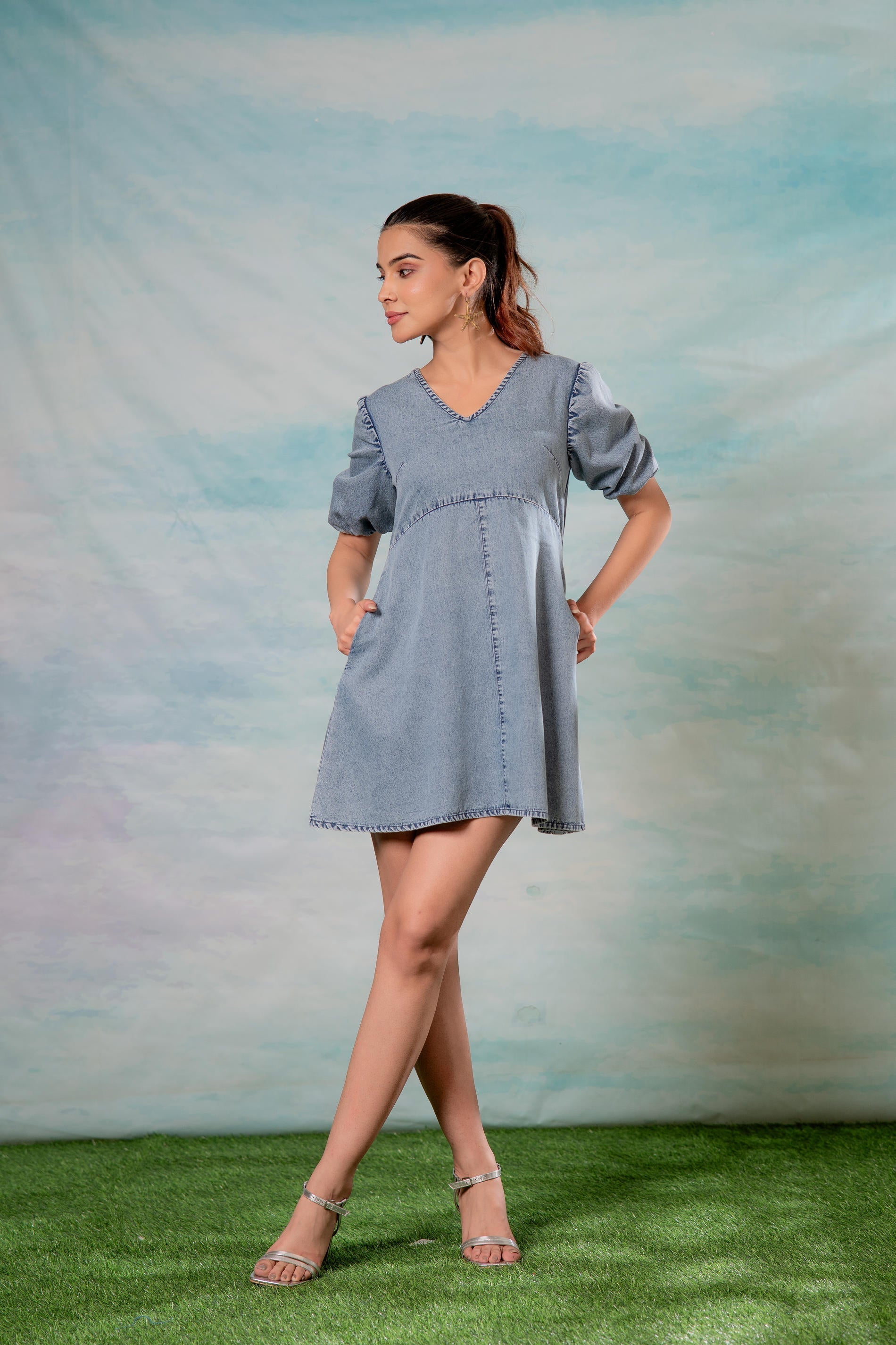 Juniper Lamora Light Blue Denim A-Line Mini Dress With Puff Sleeves | Grocsy