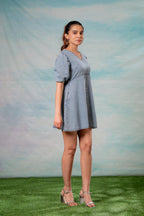 Juniper Lamora Light Blue Denim A-Line Mini Dress With Puff Sleeves | Grocsy