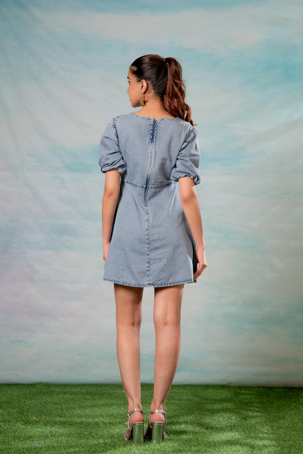 Juniper Lamora Light Blue Denim A-Line Mini Dress With Puff Sleeves | Grocsy