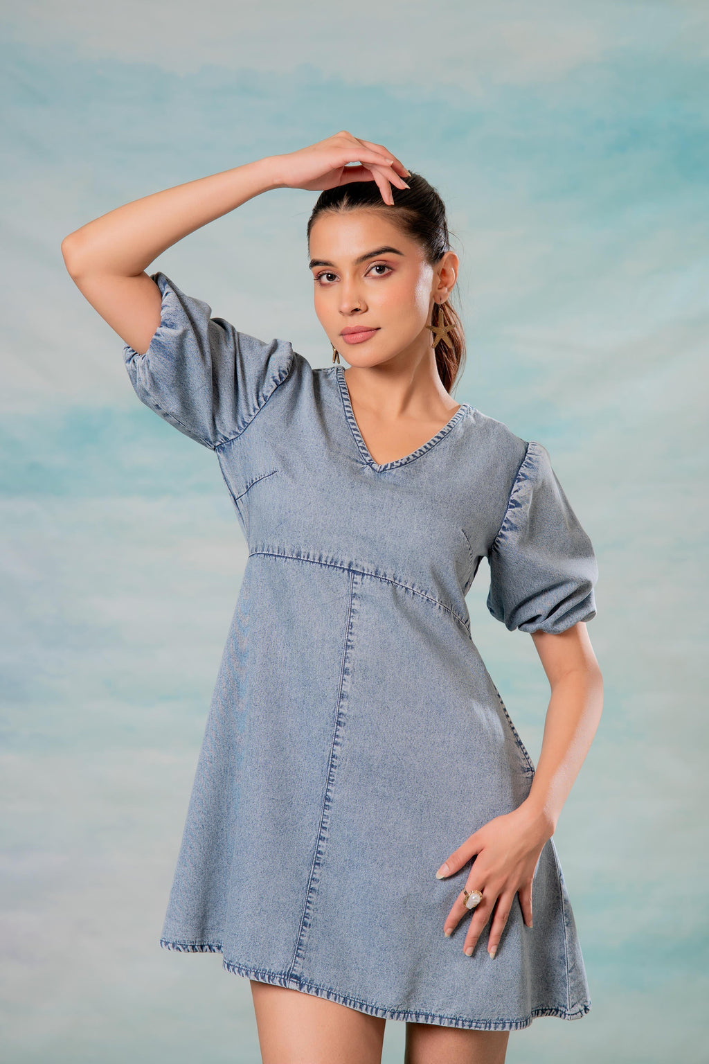 Juniper Lamora Light Blue Denim A-Line Mini Dress With Puff Sleeves | Grocsy