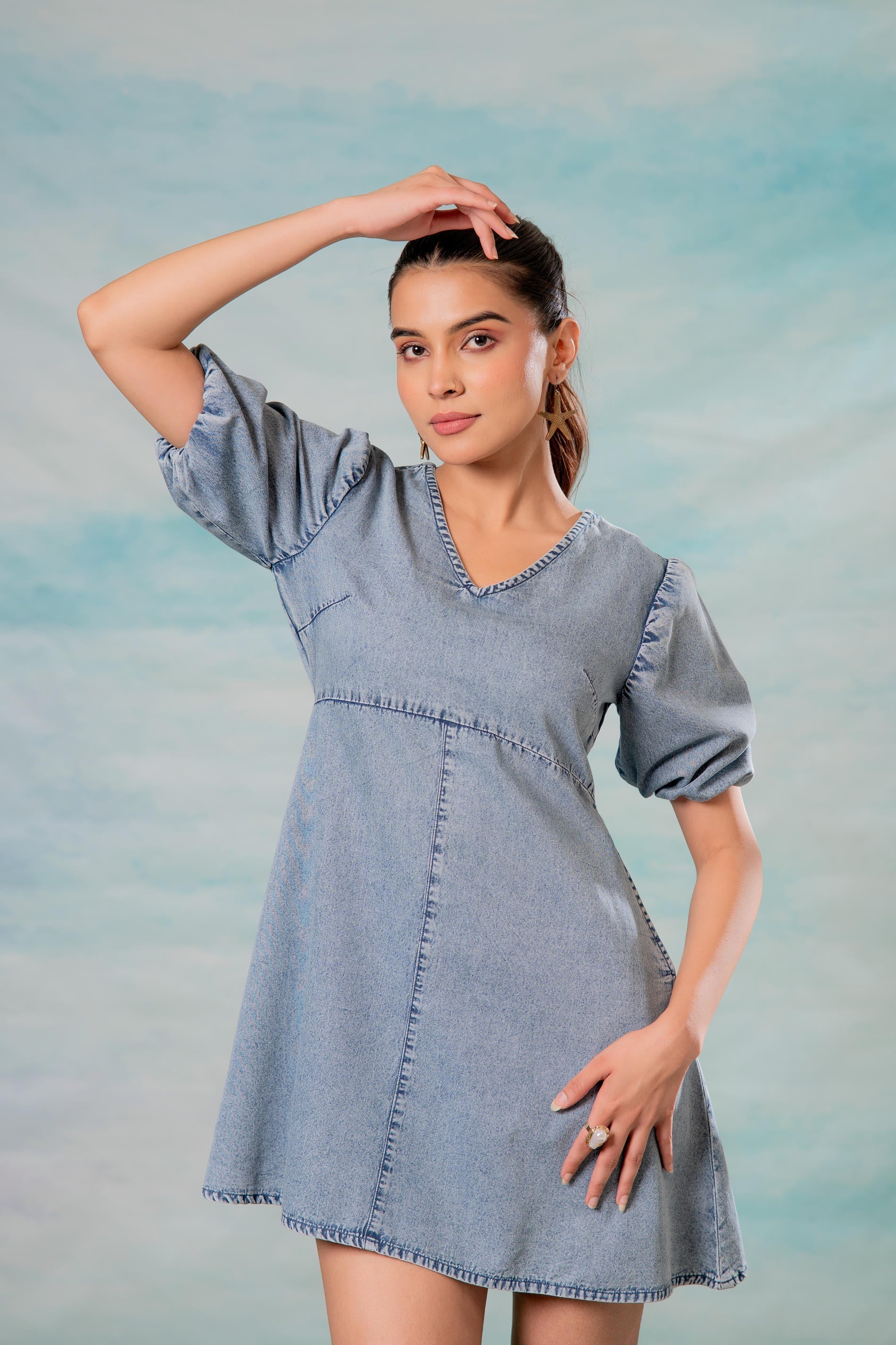 Juniper Lamora Light Blue Denim A-Line Mini Dress With Puff Sleeves | Grocsy