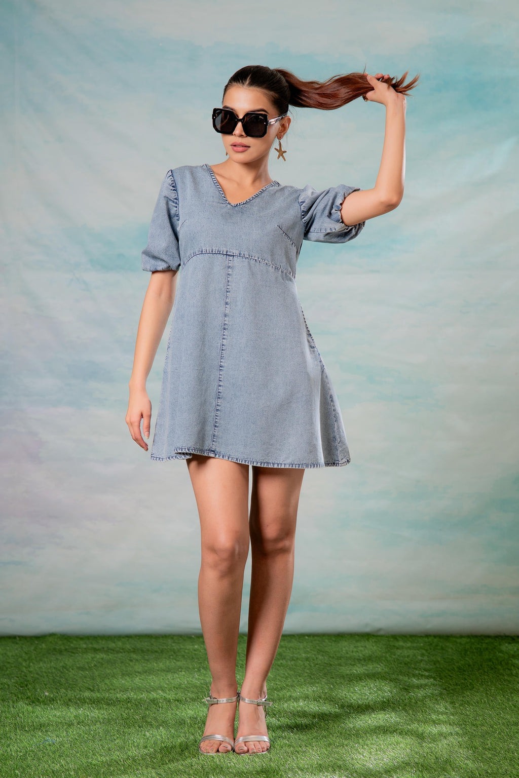 Juniper Lamora Light Blue Denim A-Line Mini Dress With Puff Sleeves | Grocsy