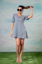 Juniper Lamora Light Blue Denim A-Line Mini Dress With Puff Sleeves | Grocsy