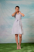 Juniper Lamora Women? Light Aqua Shirt Dress With Front Tie-Up Belt | Grocsy