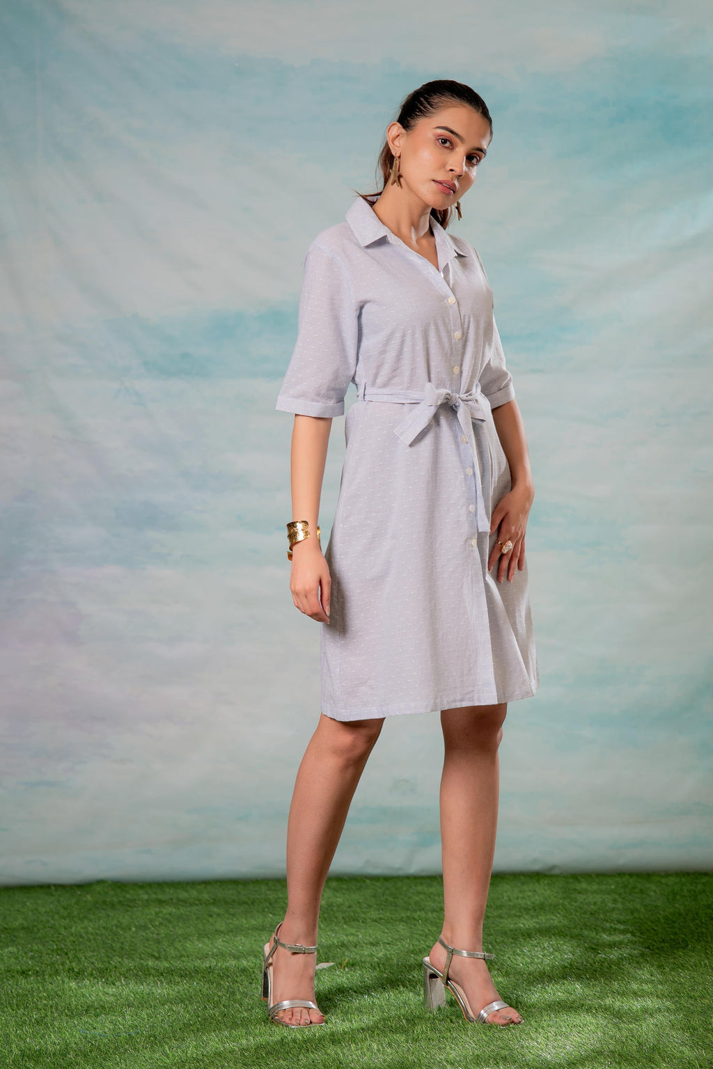 Juniper Lamora Women? Light Aqua Shirt Dress With Front Tie-Up Belt | Grocsy