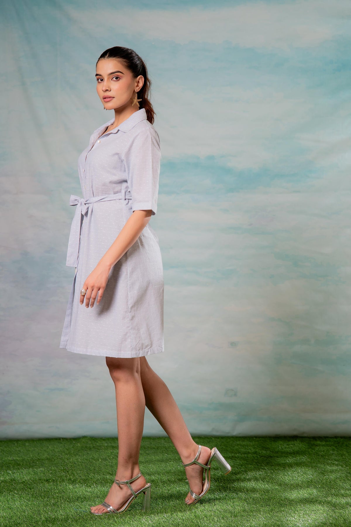 Juniper Lamora Women? Light Aqua Shirt Dress With Front Tie-Up Belt | Grocsy