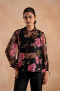 Juniper Lamora Black Sheer Floral Tie-Neck Statement Top | Grocsy