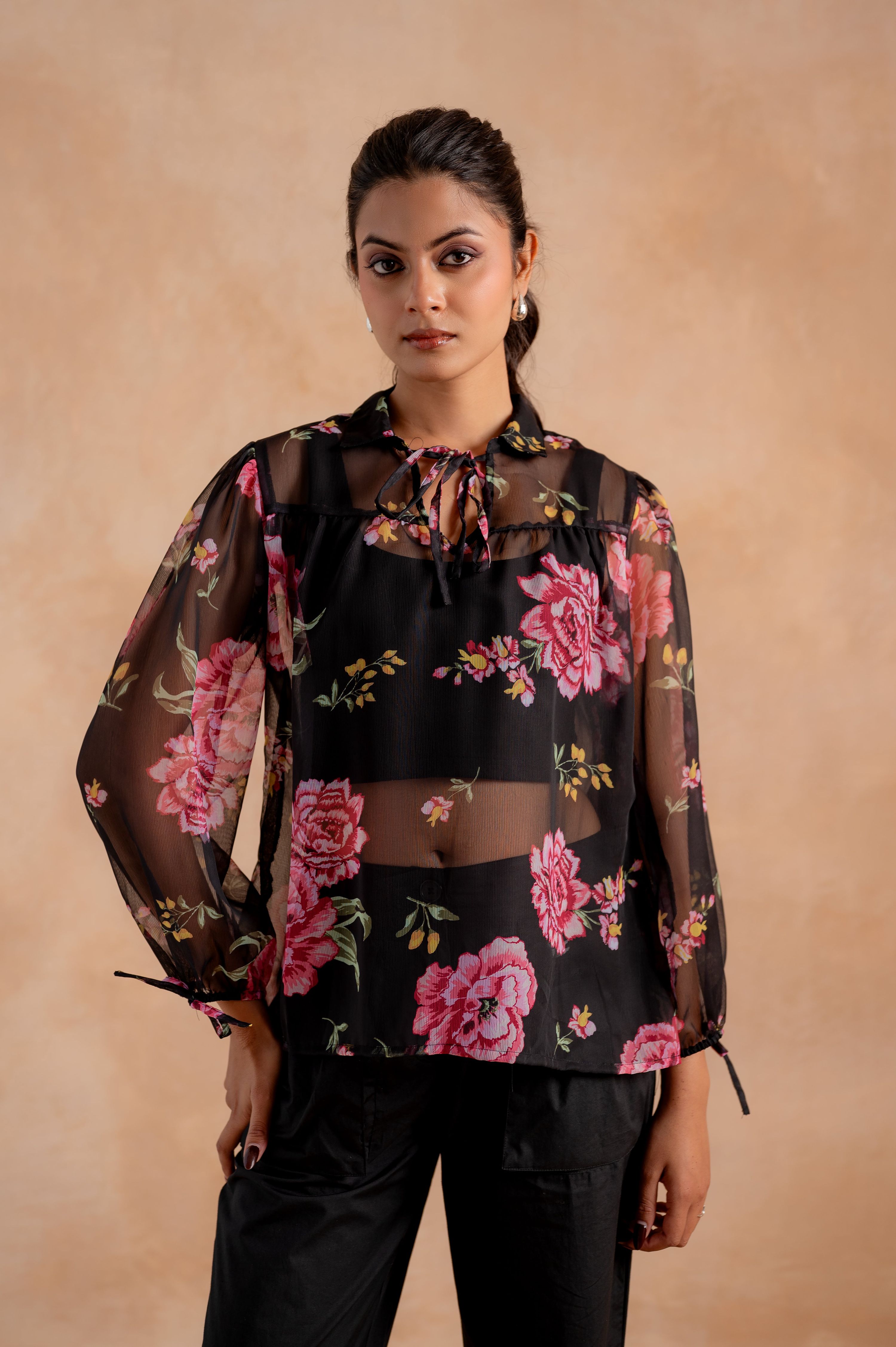 Juniper Lamora Black Sheer Floral Tie-Neck Statement Top | Grocsy