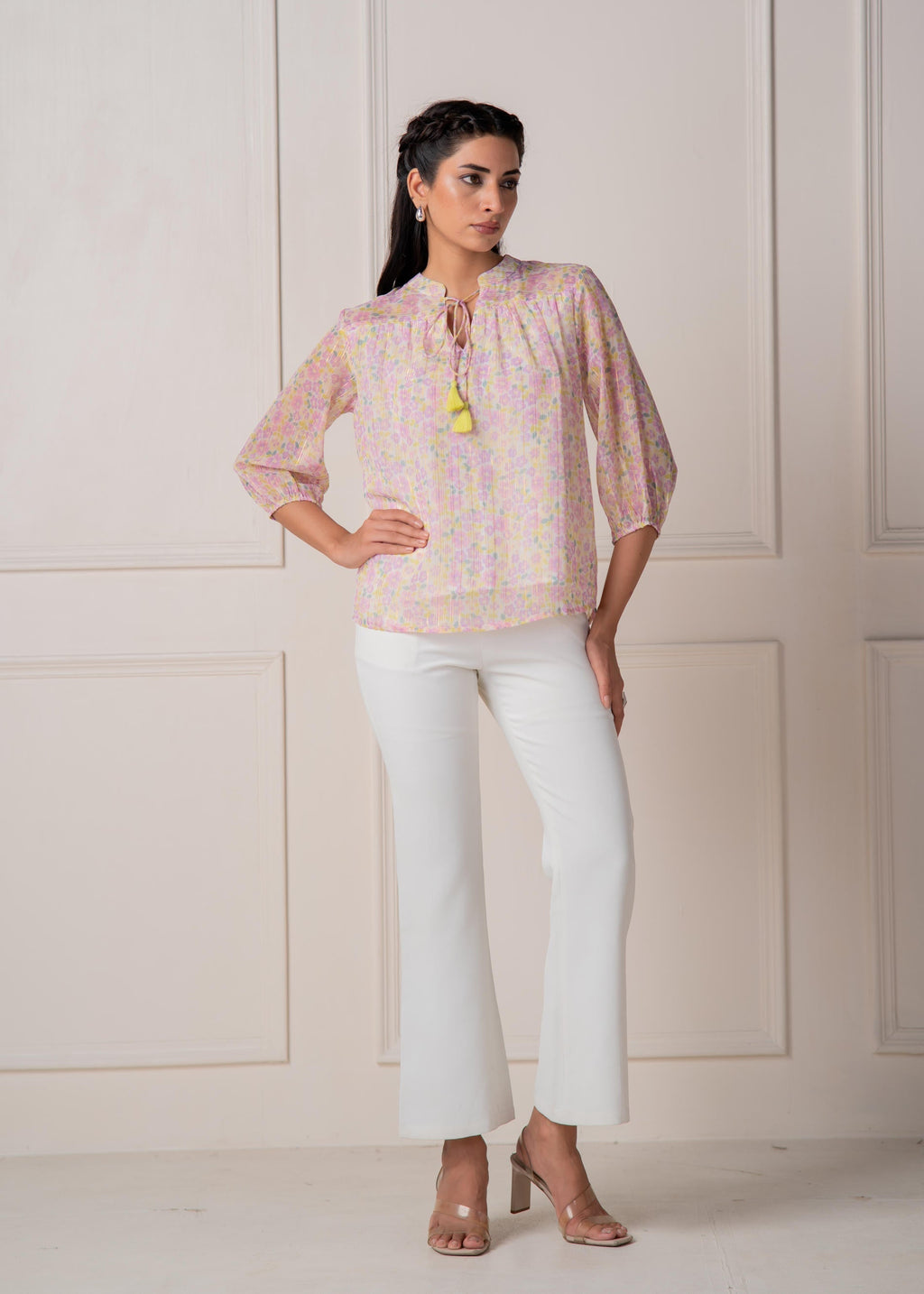 Juniper Lamora Pastel Floral Tie-Neck Peasant Top With Tassels | Grocsy