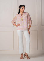 Juniper Lamora Pastel Floral Tie-Neck Peasant Top With Tassels | Grocsy