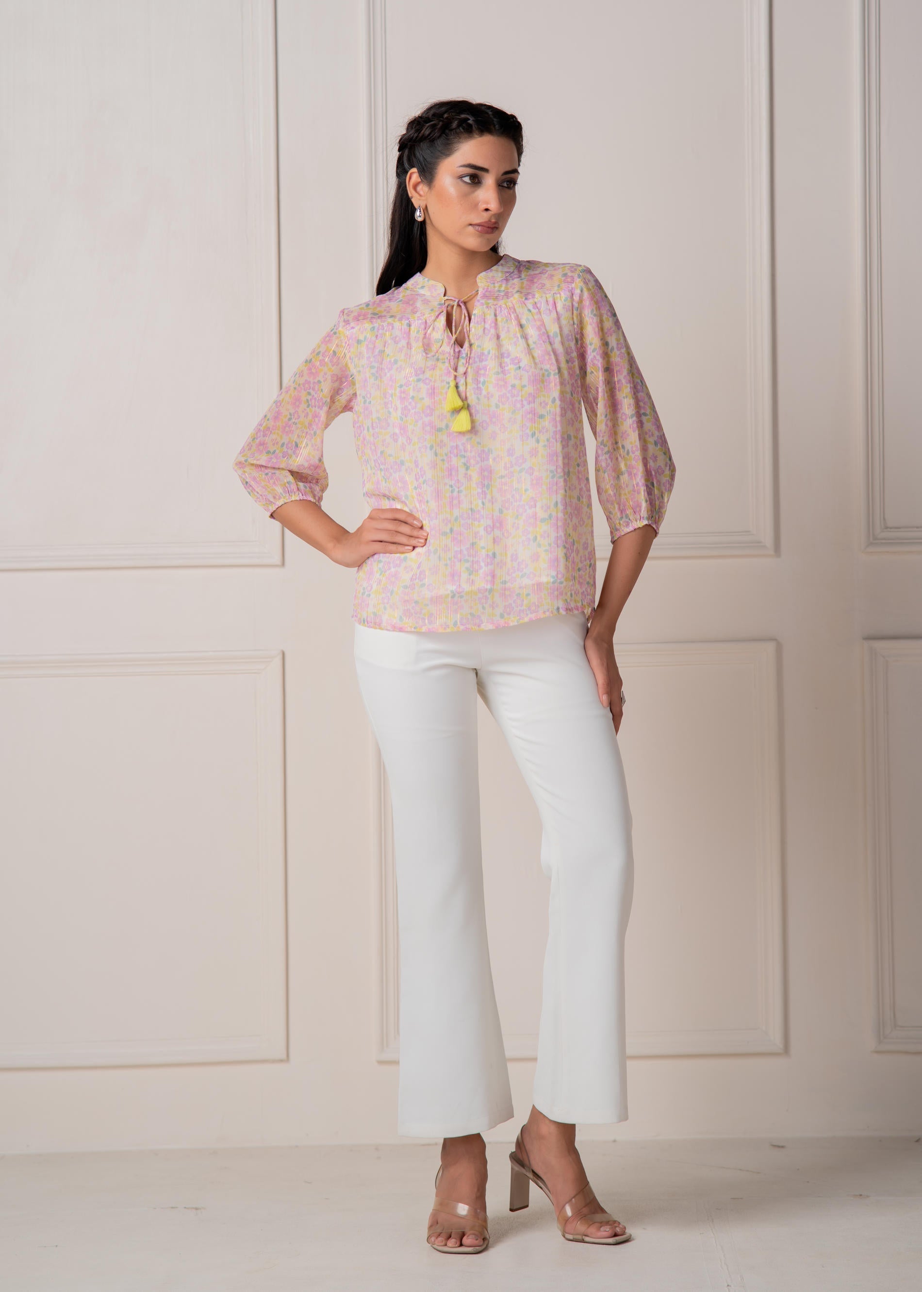 Juniper Lamora Pastel Floral Tie-Neck Peasant Top With Tassels | Grocsy