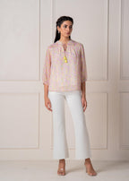 Juniper Lamora Pastel Floral Tie-Neck Peasant Top With Tassels | Grocsy