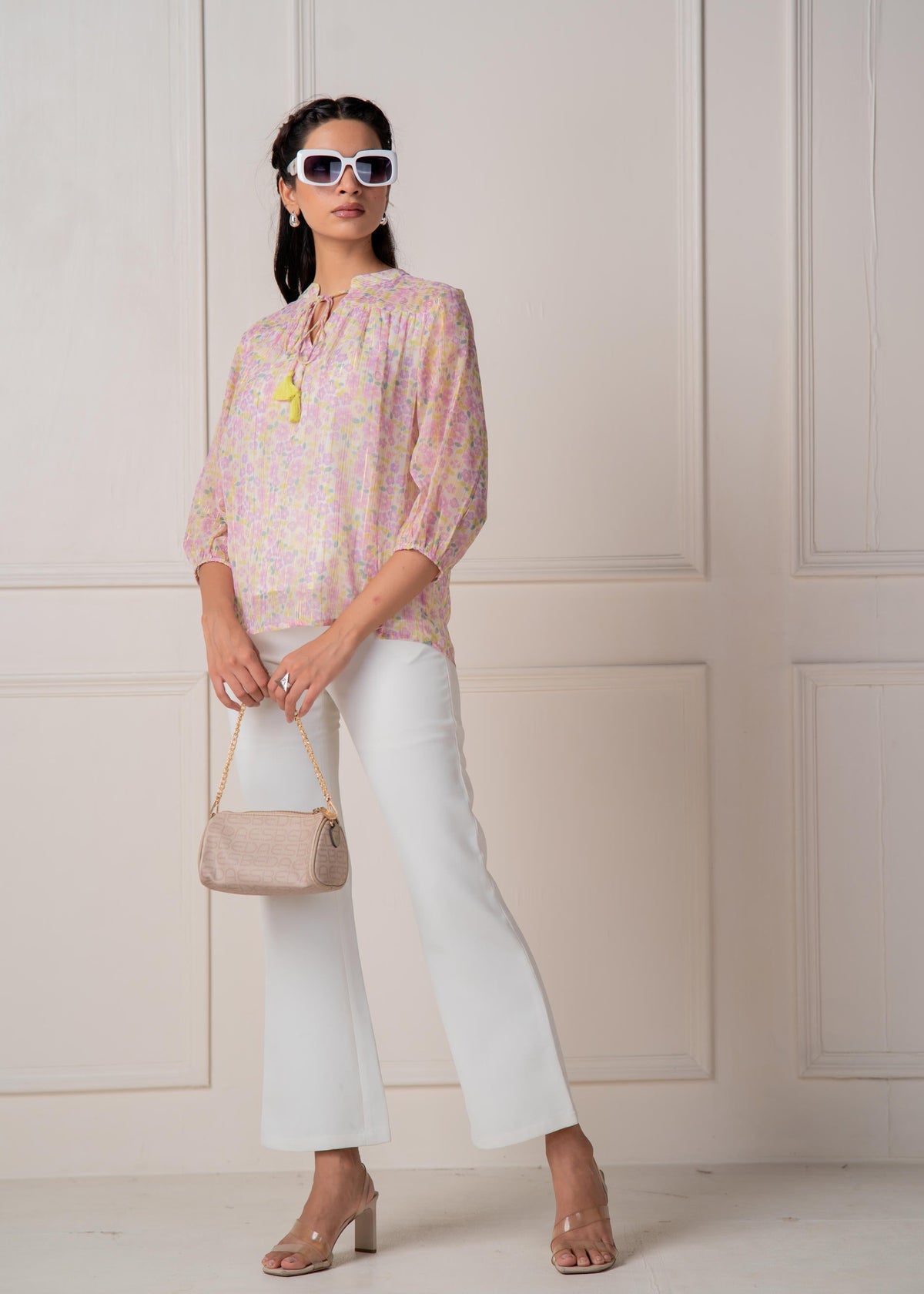 Juniper Lamora Pastel Floral Tie-Neck Peasant Top With Tassels | Grocsy
