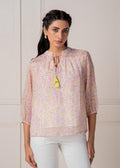 Juniper Lamora Pastel Floral Tie-Neck Peasant Top With Tassels | Grocsy