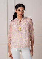 Juniper Lamora Pastel Floral Tie-Neck Peasant Top With Tassels | Grocsy