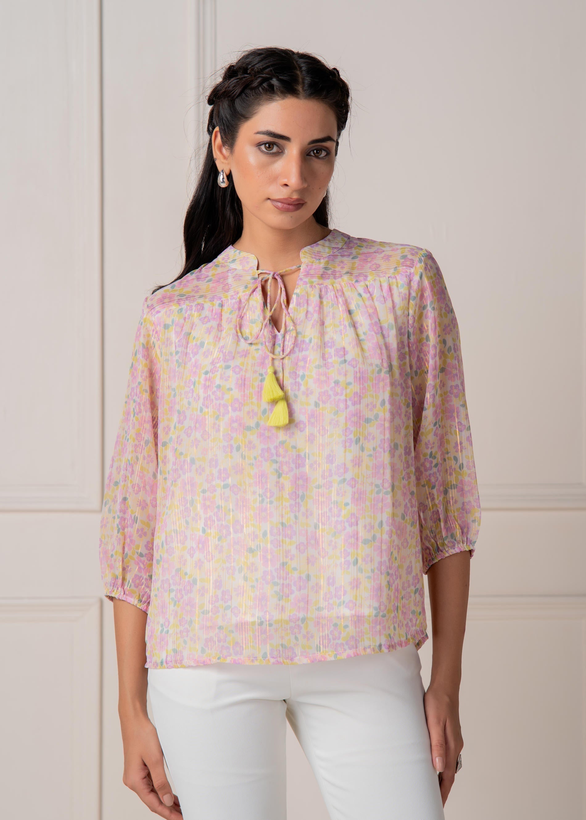 Juniper Lamora Pastel Floral Tie-Neck Peasant Top With Tassels | Grocsy