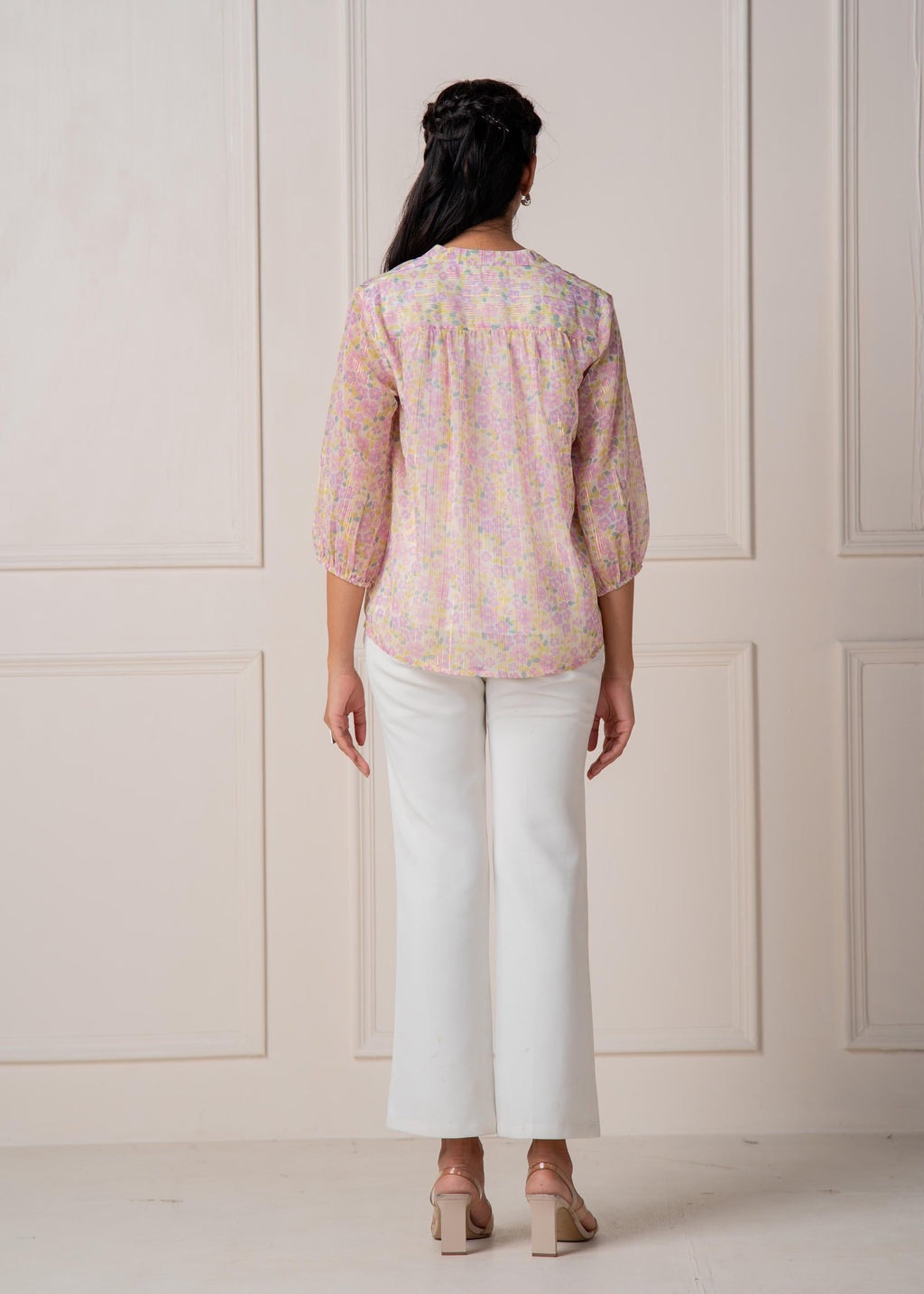 Juniper Lamora Pastel Floral Tie-Neck Peasant Top With Tassels | Grocsy