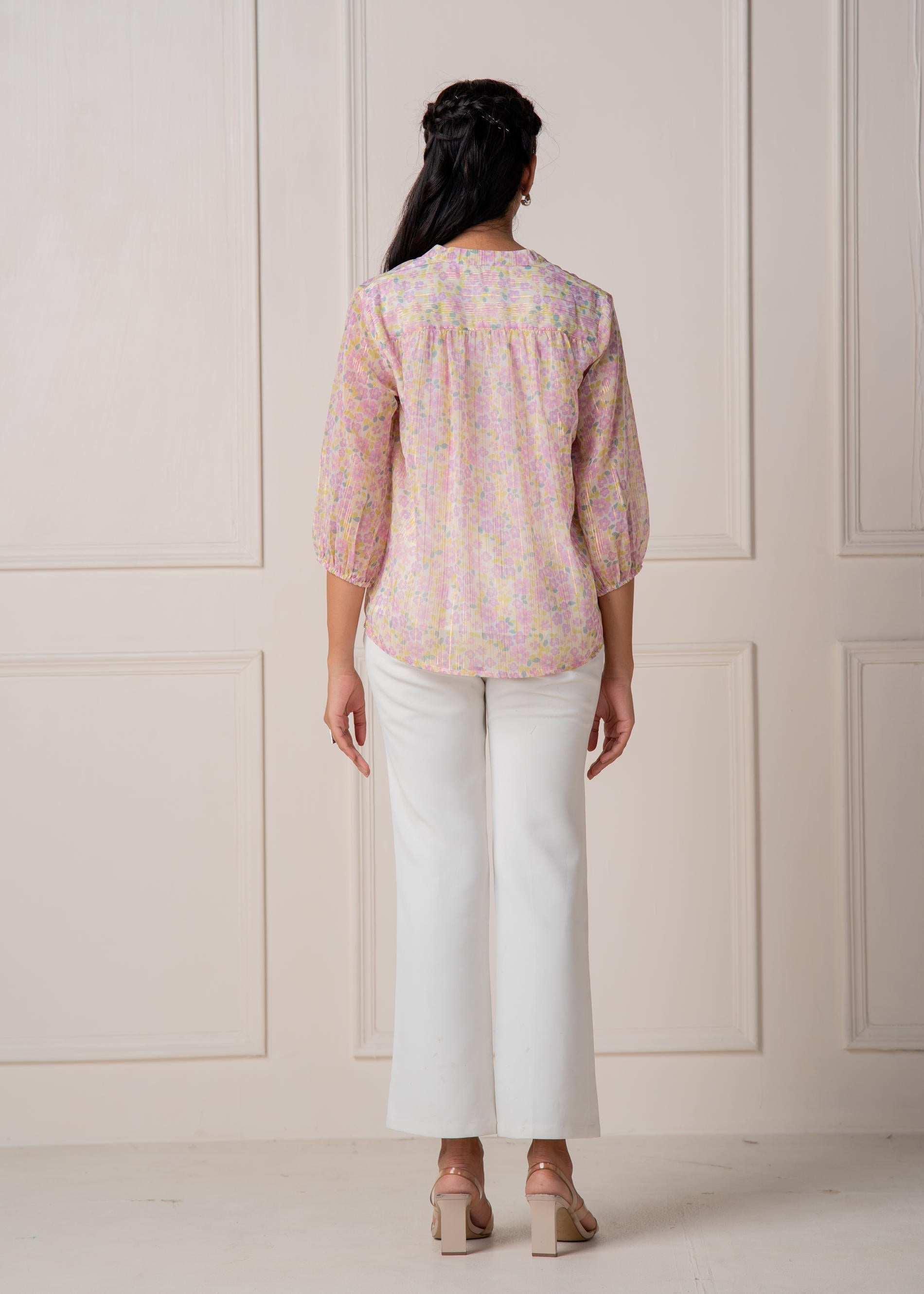 Juniper Lamora Pastel Floral Tie-Neck Peasant Top With Tassels | Grocsy