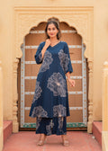 Juniper Women'S Navy Floral Print Viscose Kurta & Pant Set With Sequin And Bead Work | Grocsy