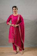 Juniper Fuchsia Foil-Print Straight Kurta Set With Pant & Ornate Dupatta | Grocsy