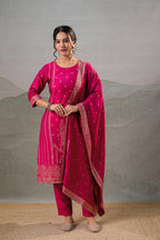 Juniper Fuchsia Foil-Print Straight Kurta Set With Pant & Ornate Dupatta | Grocsy