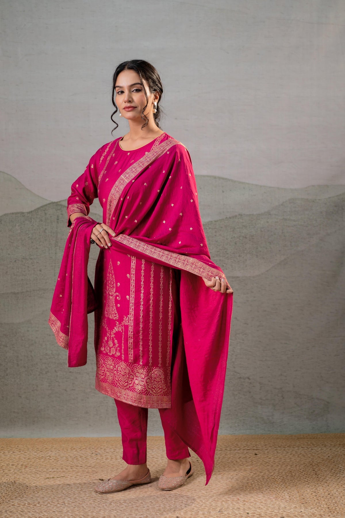 Juniper Fuchsia Foil-Print Straight Kurta Set With Pant & Ornate Dupatta | Grocsy